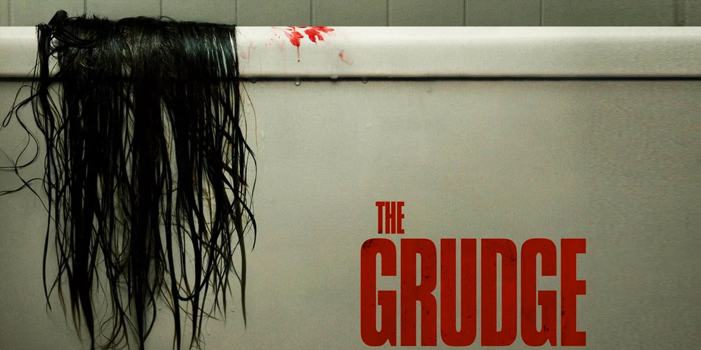 Poster film The Grudge, rambut terurai dari bathtub putih.